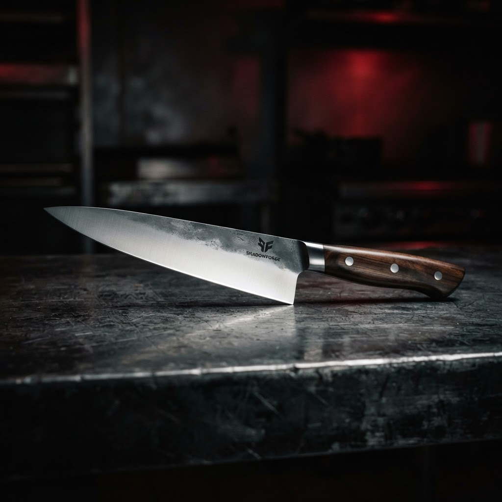 Professional straight-edge chef's knife on a dark steel surface