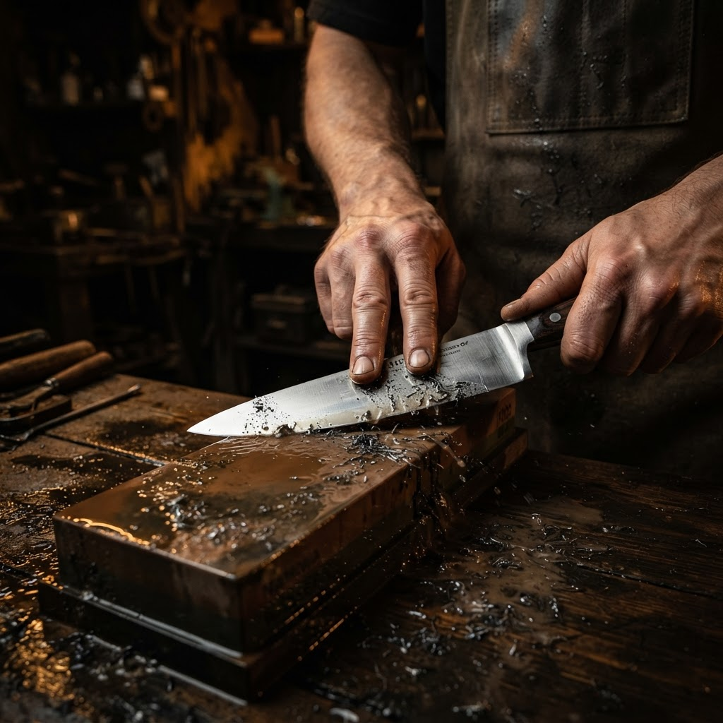 A straight-edge blade being professionally hand-sharpened on a whetstone